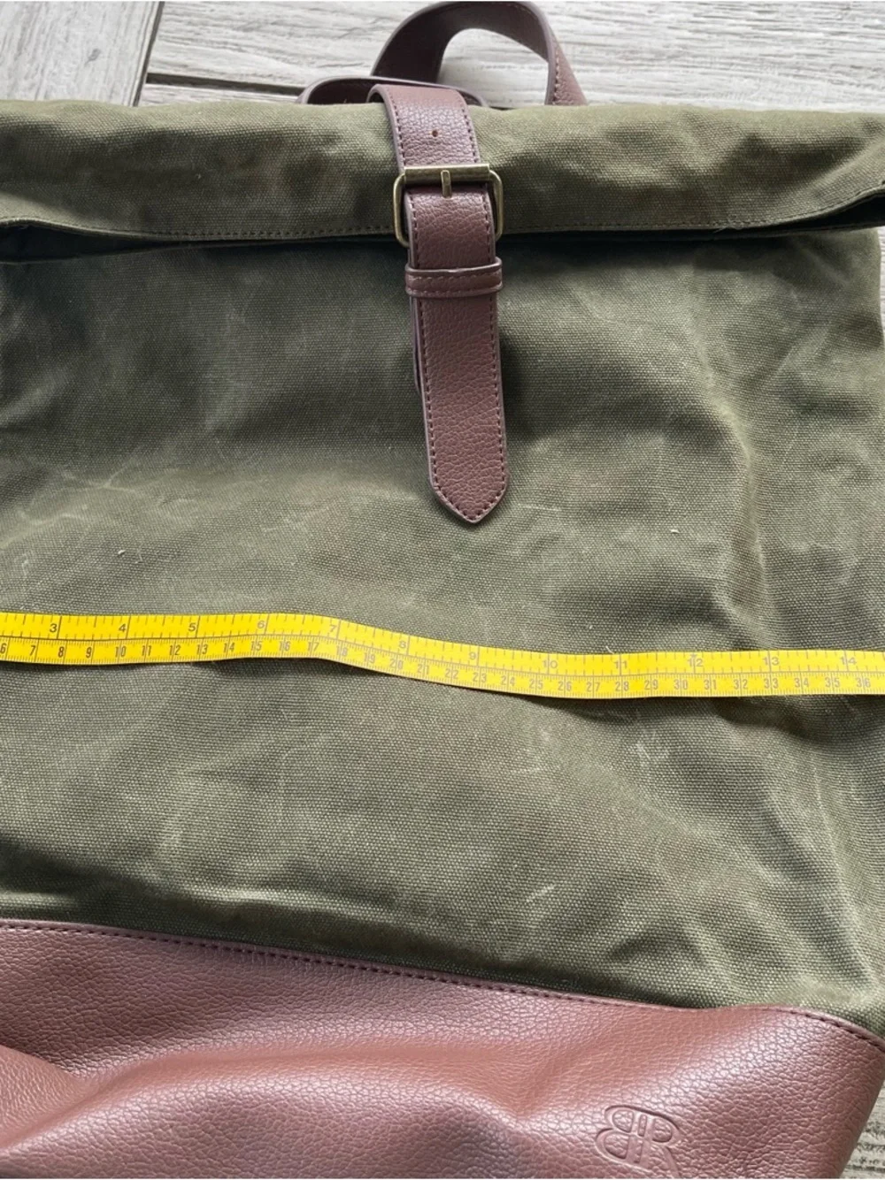 Olive Green Canvas Roll-Top Backpack with Brown Leather Trim